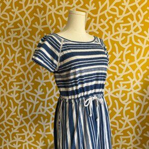 Ann Taylor Loft Beach Mini Striped Blue White Short Sleeve Open Back Dress - S